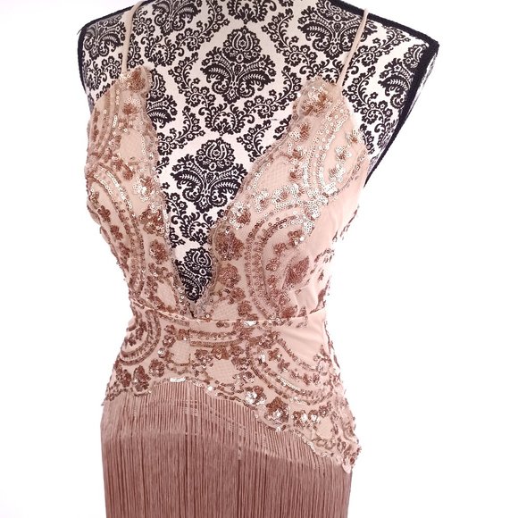 FASHION NOVA Sequin Netting & Long Fringe Nude Color Stretch Party Bodysuit XS - Picture 3 of 5